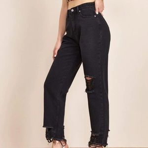 Black straight leg ripped jeans